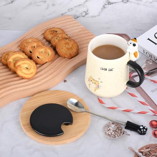 XinHuiGY Tasse de chat,Tasse à café mignonne en céramique,avec couvercle en forme de chat 3D et cuillère,pour thé, lait, chocolat chaud, cadeau pour Noël, anniversaire pour filles et femmes (Jaune)