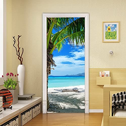 A.Monamour Sticker Porte Autocollant Poster De Porte 3D Cocotier Tropical Plage De Sable Bleu Mer Nature Paysage Vinyle Affiche De Porte Sticker Mural Papier Peint Art Décor 77 x 200 cm