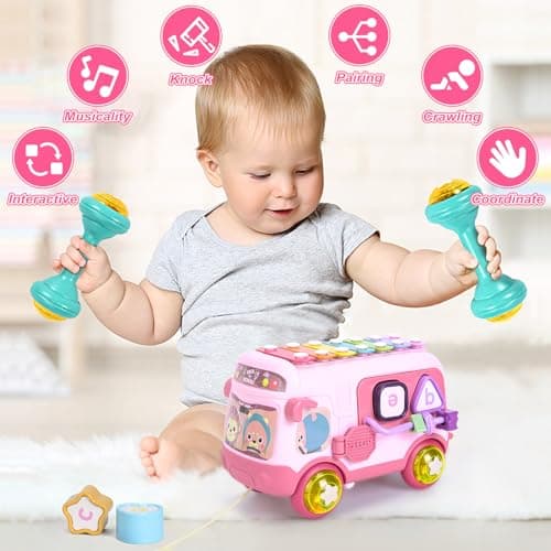 Yellcetoy Jouet Fille 1 an, Jouets Bebe 12 à 18 Mois Bus Musicaux Sensoriel avec Xylophone, Trieur de Formes Jouet éducatif précoce, Cadeaux d'anniversaire pour Les Enfant 12 Mois+