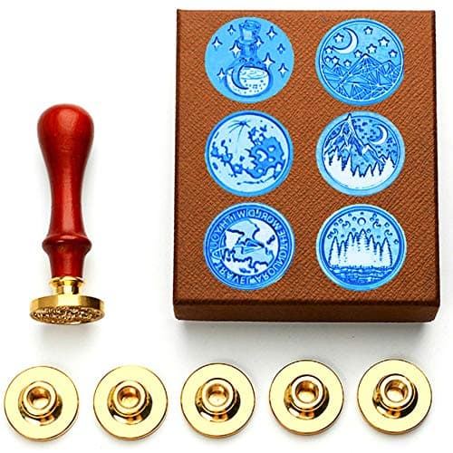 Anbose Kit de cachet de cire pour cacheter la cire, les étoiles, les montagnes avec 6 sceaux en cuivre + 1 hillet en bois, style rétro vintage pour lettres, cartes d'invitation