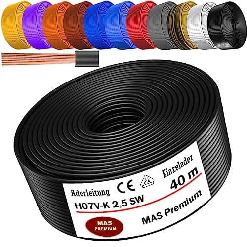 MAS Premium Câble conducteur H07 V-K 1 x 2,5 mm2 HBL GRGE RT DBL BR OR GR WS VIO ou GE - Fil unique flexible de 5 à 100 m (noir, 40 m)