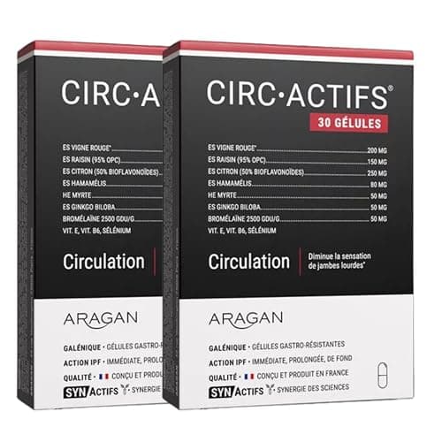 ARAGAN Synactifs Lot de 2 Circactifs | Complément Alimentaire Circulation, Jambes Lourdes | Vigne Rouge, Raisin, Citron, Sélénium, Huile essentielle | 60 gélules | 1 mois de prise Fabriqué en France