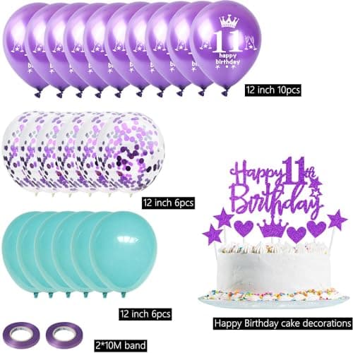pourpre Ballon 11 ans anniversaire fille décoration 22 pièces violet bleu Happy 11th Birthday latex ballons 11 ans anniversaire décoration 11 ans fille décoration gâteau 11 ans anniversaire fille