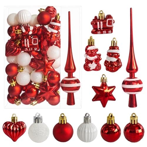 34 Boules de Noël avec Pointe d'arbre Set,Ø3/4.5/5.5cm Petites Boules de Noël en Plastique Rouge Blanc Boules Mini Noël Décoration de Table Sapin de Noël Décoration Ornements