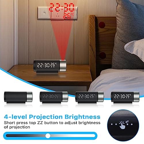 YUNYODA Reveil Projecteur Plafond, Horloge Digitale Projecteur 180°,Réveil Projection avec Température, Snooze, Mode Nuit, Affichage 12H/24H,Luminosité Réglable, Horloge Numérique pour Chambre, Bureau