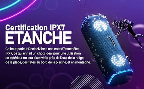 Decibelvibe Initial Tnz 7 - Enceinte Portable Bluetooth 5.3 Puissante (30W) Sans Fil, Étanche IPX7, Basses Profondes, 25H d'autonomie, Lumières LED, Couplage Stéréo Pour Intérieur et Extérieur. (Cyan)