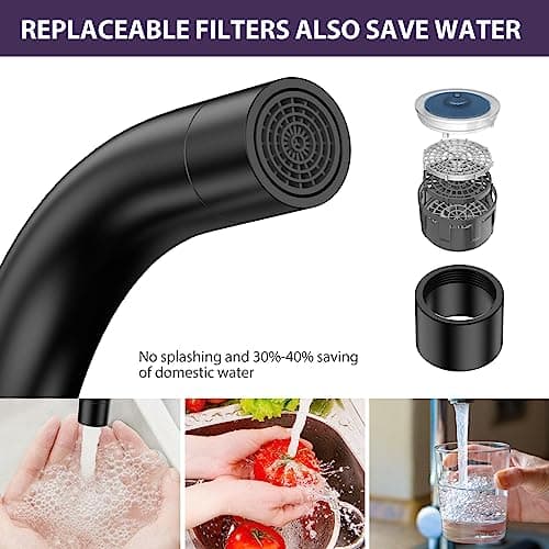 Robinet cuisine noir WAVEWO mitigeur cuisine en acier inoxydable robinetterie de cuisine avec aérateur remplaçable robinet de cuisine évier élégant économise l'eau et n'éclabousse pas