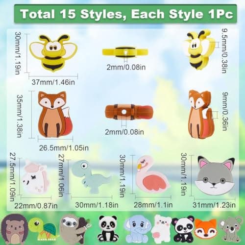 SUNNYCLUE 1boîte 15pcs Perles de Silicone Animal Mignon Perles Focales en Silicone en Vrac Grande Perle Licorne Miel Abeille Renard Panda Grosses Perles Flamant Rose Ours Perles en Caoutchouc