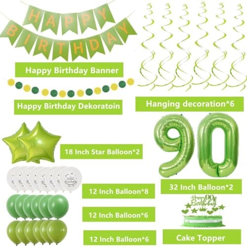 Decoration 90 ans anniversaire femme, Ballon Vert Blanc 90 anniversaire femme, Decoration anniversaire 90 ans Vert, Ballon 90 ans Vert Déco anniversaire, 90 hommes femmes Vert 90 ans Decoration fête
