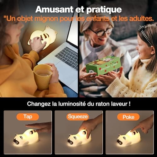 QUIGO Veilleuse Enfant Veilleuse Bébé Rechargeable Lampe de Chevet avec USB Raton Laveur Silicone Tactile Veilleuse LED,Enfant Cadeau D'enfant Cadeau Jouet Garçons et filles