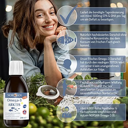 NORSAN Premium Omega 3 Huile de foie de morue de l'Arctique 200ml / 2000mg d' oméga-3 par dose journalière/huile de poisson 480mg EPA & 720mg DHA/oméga 3 huile issue de la pêche durable