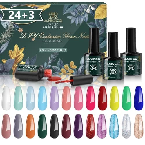 FINGEROOM Vernis Semi Permanent - 27 pcs Lot Vernis à Ongles Nail Gel UV LED Manucure Nail Polish Soak Off 24 Couleurs Populaire Avec Base et Matt Top Coat, 7.5ml