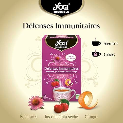 Yogi Biologique Défenses Immunitaires, Infusion 100% Bio Échinacée, Jus d'Acérola séché et Orange, 15 Sachets thermosoudés et sans agrafe, 24 g, 311016