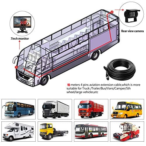 12V-24V 18 IR LEDs Vision Nocturne Étanche Caméra de recul avec 49ft 4 Broches Aviation Extension Câble + 7 Pouces Couleur TFT LCD HD Ecran Moniteur de Véhicule pour Voiture Bus RV Camion Remorque