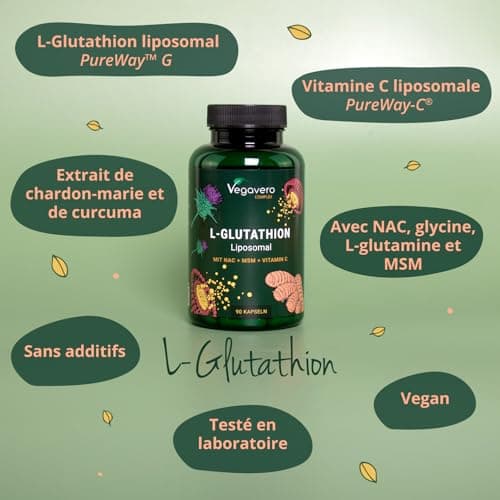 GLUTATHION Liposomal & Réduit PureWayTM- G | Avec Précurseurs : NAC, Vitamine C, MSM, Glycine | Antioxydant + Anti age + Immunité | 90 Gélules | Vegan & Sans Additifs | Vegavero®