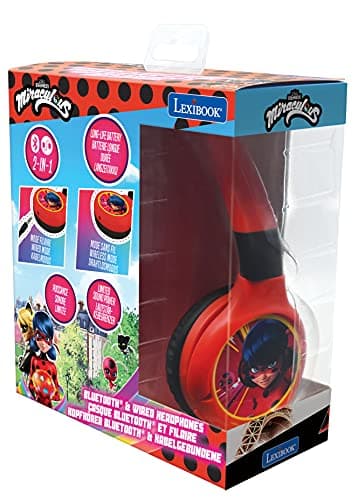Lexibook Miraculous Casque Audio Enfant 2-en-1 Bluetooth et Filaire Stéréo Sans fil Pliable Ajustable, Rouge, HPBT010MI