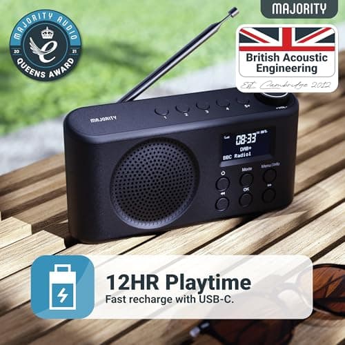 Radio Dab, Dab+ Bluetooth Portable | Batterie Rechargeable ou Alimentation par câble USB-C | 12 Heures de Lecture, Affichage LED, Prise Casque | Double Alarme, FM, 40+ présélections | MAJORITY Orwell