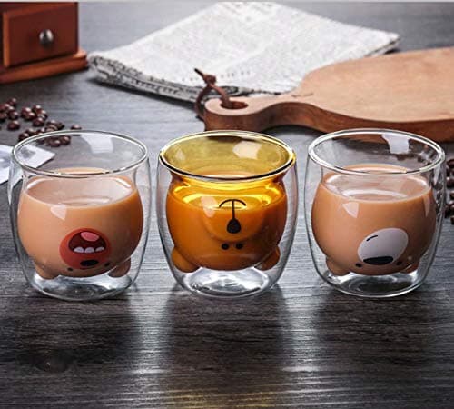 Tasse de Café Double Paroi Coupe en Verre Sapin Noël Tasses en Verre Petit ours Motif Le Lait Coupe Cadeau D'anniversaire Créatif Saint Valentin Romantique(White Bear)