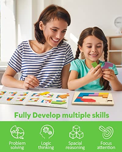 Coogam Blocs de puzzle en bois géométrique Tangram casse-tête puzzle 3D logique QI jeu coloré motif STEM jouets éducatifs cadeau 60 défis pour tous les âges