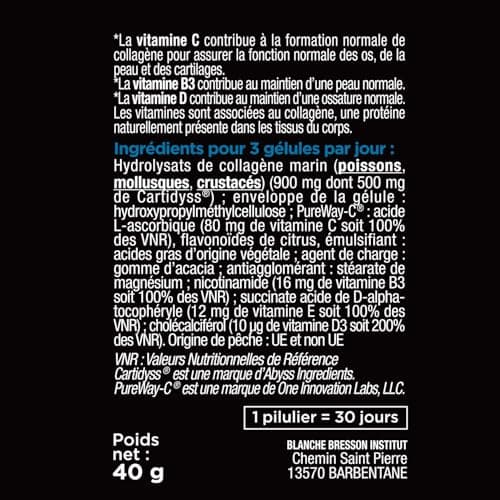 BLANCHE BRESSON - COLLAGENE MARIN - Souplesse des Articulations et fortification des os - Collagène marin de type 1 et 2 breveté - Vitamines B3, C, D et E - 90 gélules - Fabriqué en France