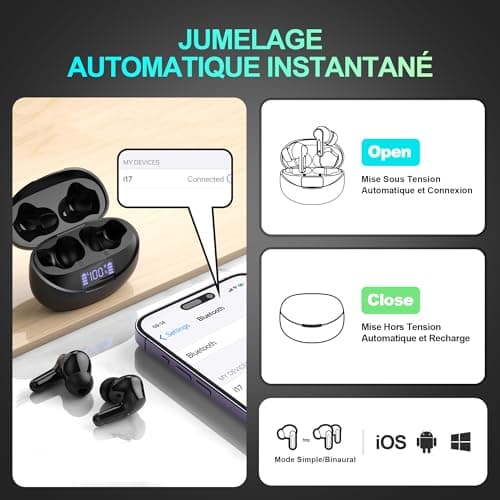 Ecouteurs Bluetooth sans Fil, Bluetooth 5.3 Ecouteurs sans Fil,Ecouteurs Hi-FI Son Stéréo,Écouteurs 35H Durée de Lecture CVC Réduction de Bruit USB C Casque for iOS Galaxy Xiaomi Oppo Android