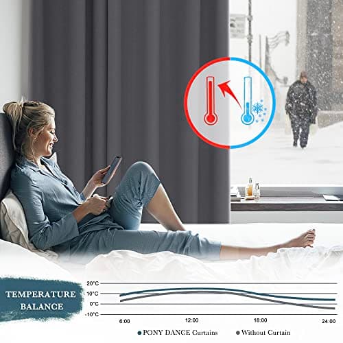 PONY DANCE Lot de 2 Rideau Occultant Thermique Isolant Anti Froid et Chaleur 140x240 (lxH) Tenture Opaque à Oeillets Isolation Lumiere Uv Decoration Chambre Maison Salon Intérieurs, Gris