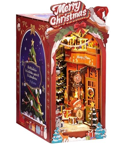 ROBOTIME Book Nook Kit Maison de Poupée en Bois, Booknook Puzzle 3D avec Lumières LED, Nook Book Cadeau de Vacances (Rue de Noël)