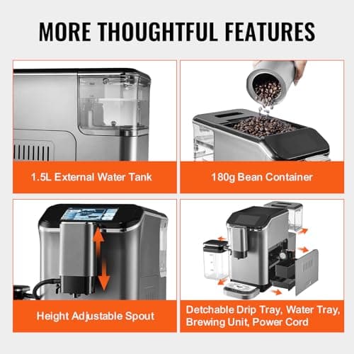 VEVOR Machine à Expresso Automatique, Cafetière Expresso avec Mousseur à Lait Automatique, Machine à Cappuccino Latte 20 Bars, avec Écran Tactile TFT, Broyeur, 15 Niveaux de Mouture, Bureau Domicile