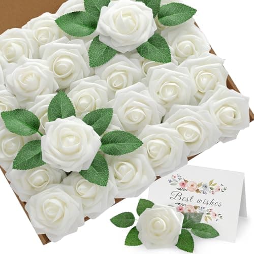 ilauke 30 Rose Blanche Artificielle avec Tiges et Carte,Roses en Mousse en Vrac 8cm Fausses Fleurs Rose pour Toucher Réaliste,Bouquet de Fleurs Artificielles avec Feuilles pour Centre de Table Mariage