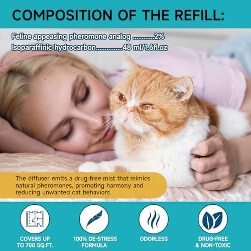 Woyamay Diffuseur De Pheromones Chat, Diffuseur Anti Stress Chat, Kit 3 en 1 avec 1 Diffuseur Et 2 Flacons De Recharge (48 ML), Soulagement De L'anxiété, Jusqu'à 60 Jours, Diffuseur Pheromones Chat