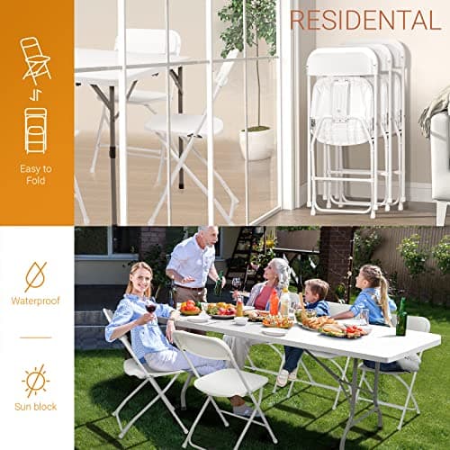 LEADZM Lot de 6 Chaises Pliantes en Plastique, Chaises de Salle à Manger Portables, Structure en Acier Métallique,158 KG, Adaptées aux Fêtes, Mariages, Pique-Niques, Intérieur Extérieur Blanc