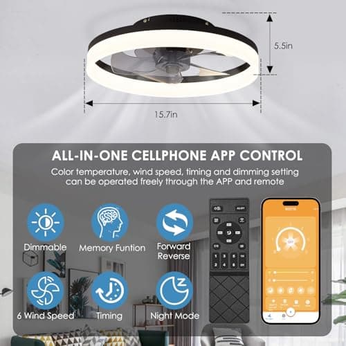 MOSSCO Petit Ventilateur de Plafond Silencieux avec Télécommande Pour Toutes les Saisons, 6 Vitesses et vent Réversible, LED Dimmable, 3000K- 6000K, et Moteur à courant Continu 40 cm