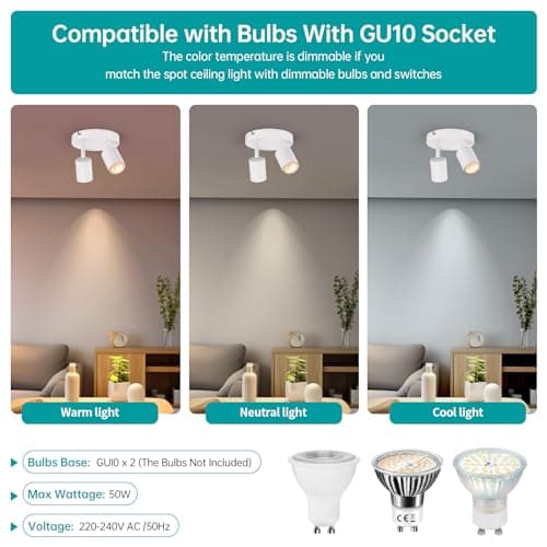 wowatt Spots de Plafond Orientable Blanc, Plafonnier 2 Spots GU10 Moderne, Rampe Spots et Rails de Spots Pivotant, Applique Murale Interieur Rond pour Cuisine Salon Chambre (Sans Ampoule)
