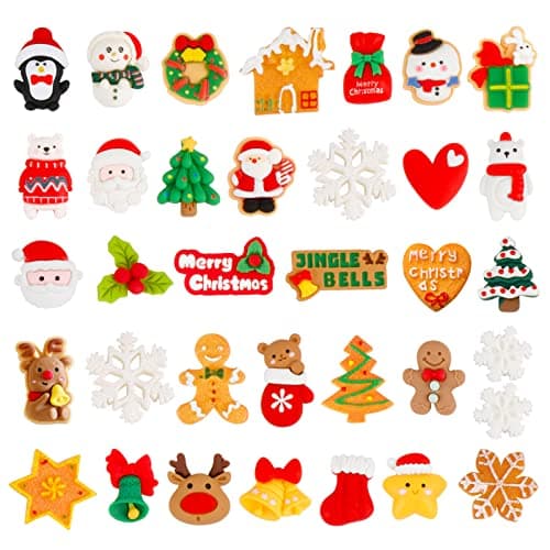 BETESSIN 35Pcs Mini Décoration Noël 3D Miniatures Figurine en Résine Ornements Dessin Animé Père Noël Arbre Bonhomme Flocons De Neige Embellissements Objets Pendentif Décorations Noël