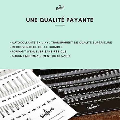 Belfort®️ Autocollants pour notes de piano + clavier pour 49 | 61 | 76 | 88 touches + Ebook gratuit | kit complet premium pour touches noires + blanches | do-ré-mi-fa-sol-la-si | instructions français