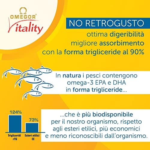 Omegor Vitality 1000 - Supplément alimentaire avec 90% des oméga 3 sous forme de triglycérides - avec de la vitamine E - pour le cœur, la vision et le cerveau en santé - 30 gélules