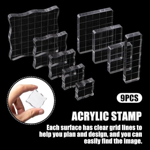 Rebanky 9 Pièces Bloc Tampon Acrylique Transparent Tampon Acrylique Scrapbooking Bloc de Tampon Positionnement avec Lignes de Grille et Sac de Rangement pour Scrapbooking Bricolage Album(9 Tailles)