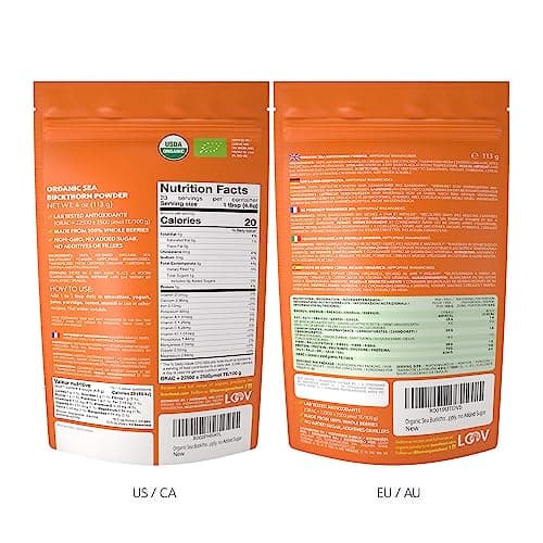 Poudre d’argousier bio LOOV, riche en fibre, faite à 100% de baies entières, 110 g, cultivés dans les régions nordiques, riche en oméga, vitamines C et E, Portions de 23 jours, ni sucre ajouté ni OGM