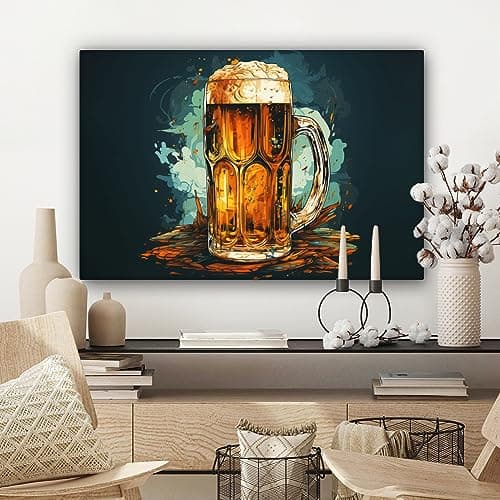 MuchoWow© Impression sur Toile Decoration Murale Peinture 60x40 cm Tableaux Decoratifs Muraux Décoration Chambre Rétro - Bière - Pulpe - Verre - Peinture - Bleu