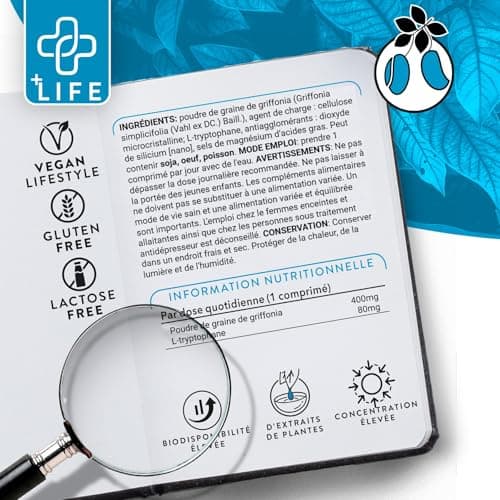 GRIFFONIA Tryptophane Forte Dose PiuLife® 200 Comprimés De 400mg, L tryptophane Précurseur De La Serotonine, Somnifere Puissant Pour Dormir Mieux Naturel, Bonne Humeur, Anti Anxiete et Stress