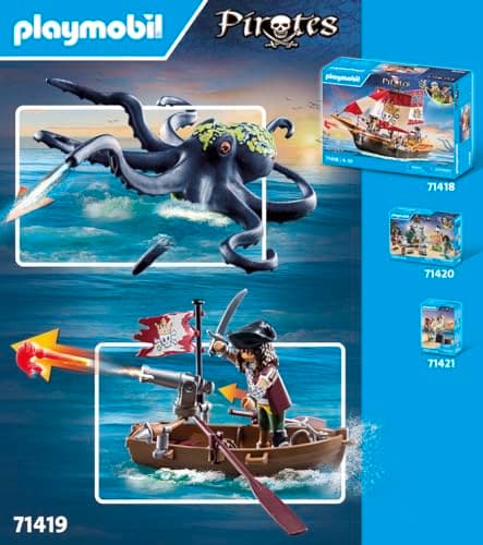 Playmobil 71419 Pirate avec Pieuvre géante, Comprend Deux Personnages, Une Pieuvre géante Qui pulvérise de l'eau, Un Bateau à rames et de Nombreux Accessoires, Univers Pirates, pour Enfants dès 4 Ans