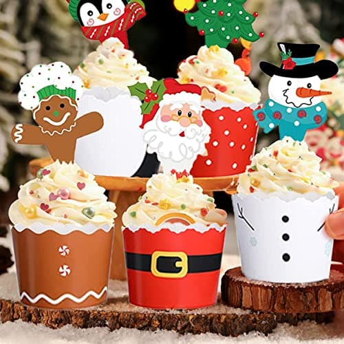 96 Pièces Décoration de Gâteau de Noël,Deco Gateau Noel,Sapin de Noël Gingerbread Men Père Noël Bonhomme de Neige Renne Elfe Pingouin Guirlande de Noël Décorations de Gâteaux de Noël,Cupcake Toppers