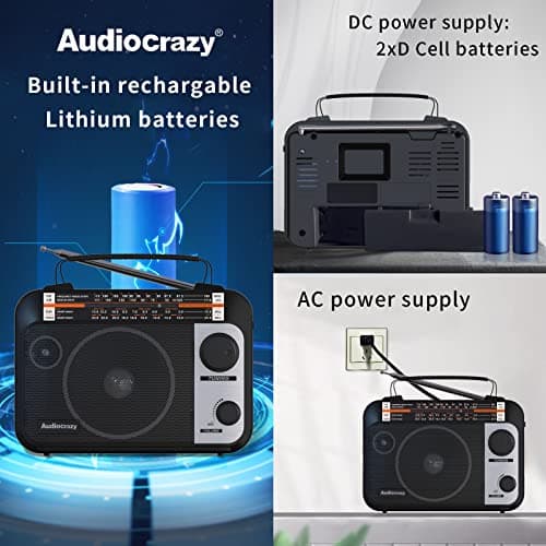 Audiocrazy Radio Portable FM/AM/SW1-2 Radio Multibande avec Batterie Rechargeable 1800 mAh, Câble AC Ou Radio FM Portable avec Piles, Haut-parleurs, Prise Casque, Entrée AUX Noir