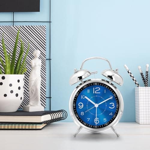 Lafocuse Reveil Double Cloche Analogique sans Tic-tac, Réveil Métal Bleu avec Grand Cadran, Horloge de Table Silencieuse avec Lumière de Nuit pour Chambre Bureau 16cm