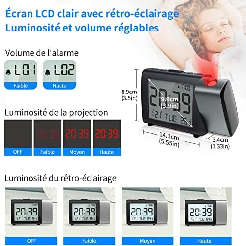 MeesMeek Horloge à Projection numérique: Affichage LCD Clair avec température Date 12/24H et luminosité réglable, Réveil de Bureau à Piles Facile à régler pour Enfants Adultes et la Chambre à Coucher