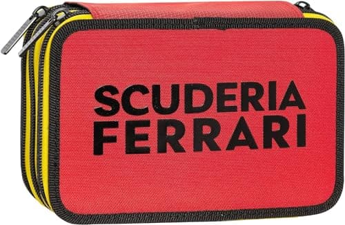 Clondo Trousse Triple Remplie Enfants, pour Ferrari Fans, 45 Accessoires Scolaires, 3 Fermetures Éclair, Compartiments Organisés, Crayons de Couleur, Feutres, Ciseaux