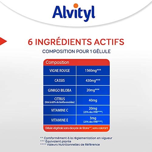 Alvityl - Veino-Draine - Circulation, Action drainante, Jambes légères - Vigne rouge - 93% de satisfaction- 30 gélules