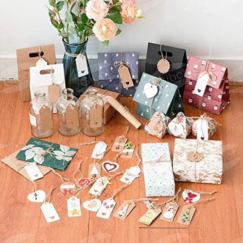 Étiquette cadeau 200PCS étiquette en papier kraft de brun et blanc,Étiquettes vierges en rectangulaire en forme de cœur de ronde,étiquette pour mariage cadeau Noël party,30m Ficelle de jute