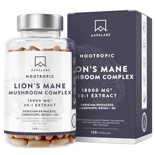 Lions Mane 18000mg 30:1 avec Cordyceps Sinensis, Reishi Ganoderma et Zinc | Criniere de Lion Champignon Hericium Erinaceus Nootropique Puissant Memoire et Concentration Mushroom Complex - 120 Gelules