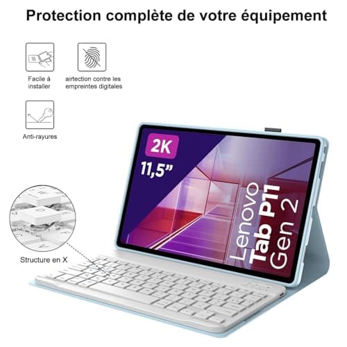 IVEOPPE Clavier pour Lenovo Tab p11 2nd gen 11.5 Pouces, Coque Étui Clavier AZERTY Français Détachable Bluetooth pour Lenovo Tab P11 2nd Gen, Bleu Ciel